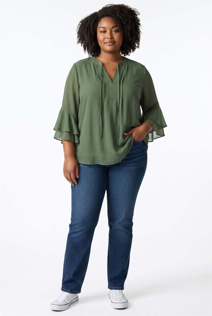 Timeson Women's 3/4 Flutter Sleeve V-Neck Chiffon Blouse (L)